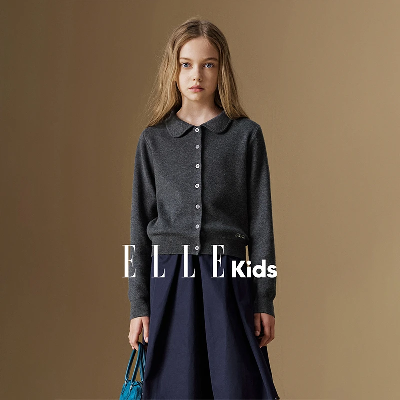 ELLE KIDS 娃娃领针织开衫女儿童秋季新款学院风字母绣花毛衣Q5