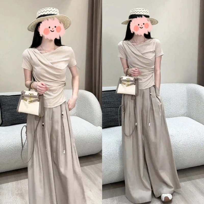 女装夏季新款时尚套装设计感短袖T恤修身显瘦打底衫上垂感阔腿裤