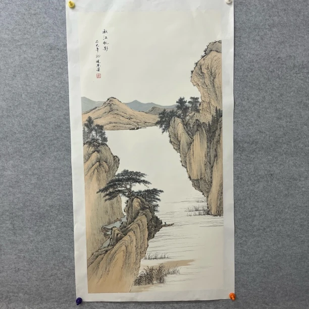 晓东老师纯手绘写意山水139.69《秋江帆影》秋景 乘船 人物 松树