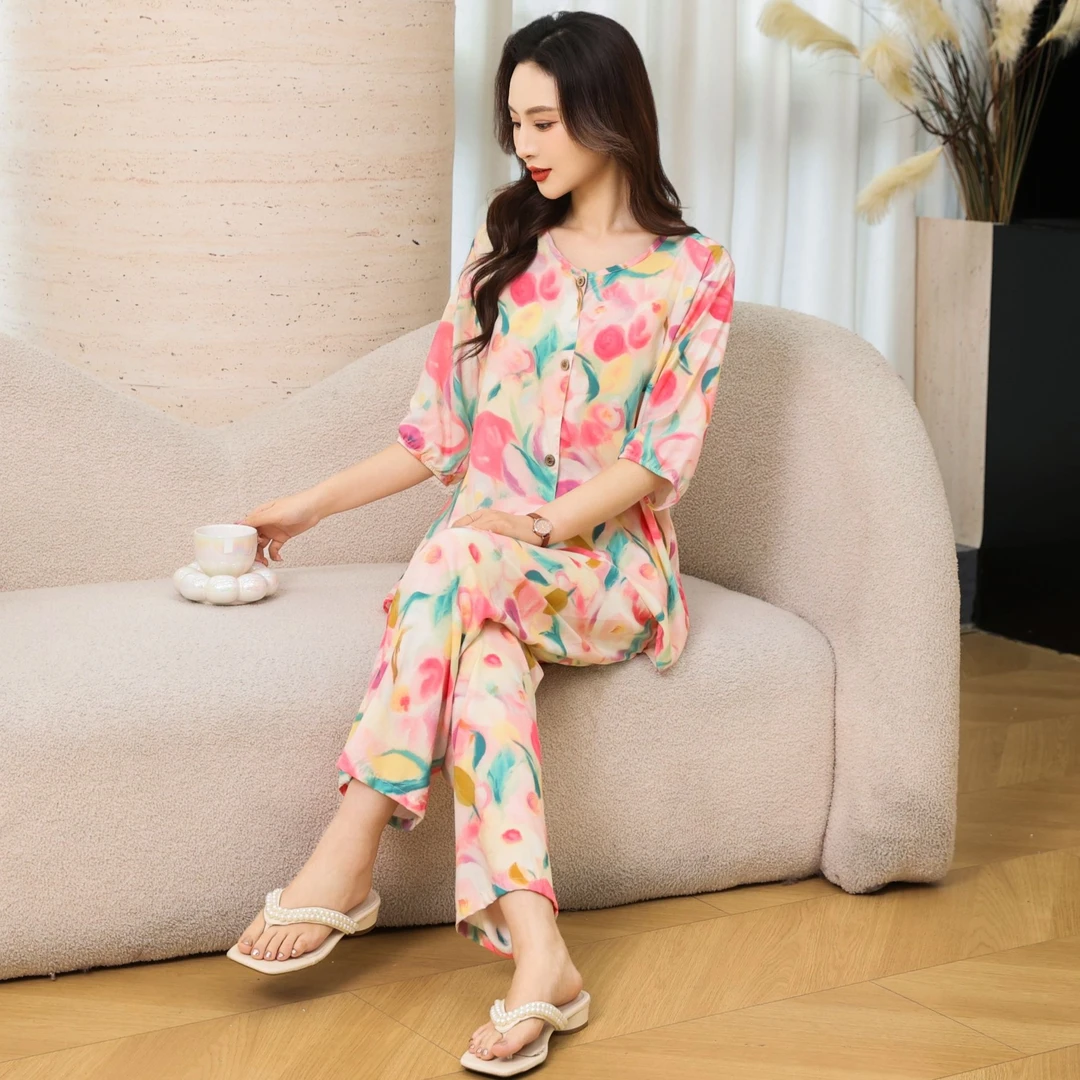 【七分袖】绵绸家居服套装睡衣春夏睡衣家居服中年薄款套装夏季