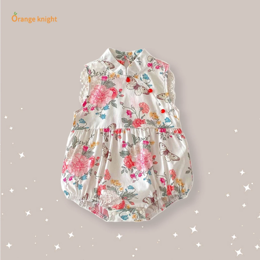 0 - 3岁女婴儿夏季洋气优雅蕾丝花边无袖包屁旗袍连体衣爬服