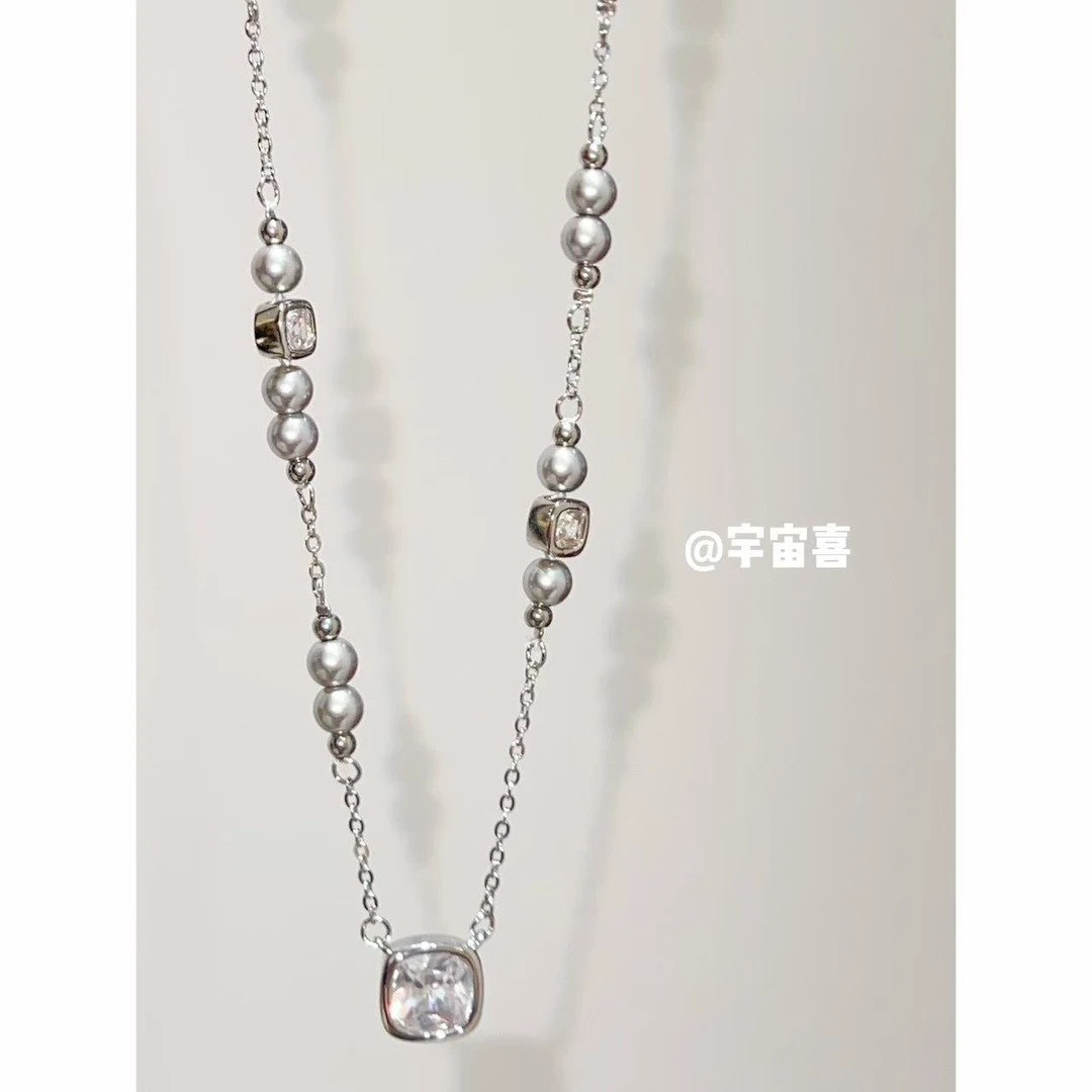 铜合金锆石项链 Q3-110【冰糖白锆灰贝珠串珠项链】