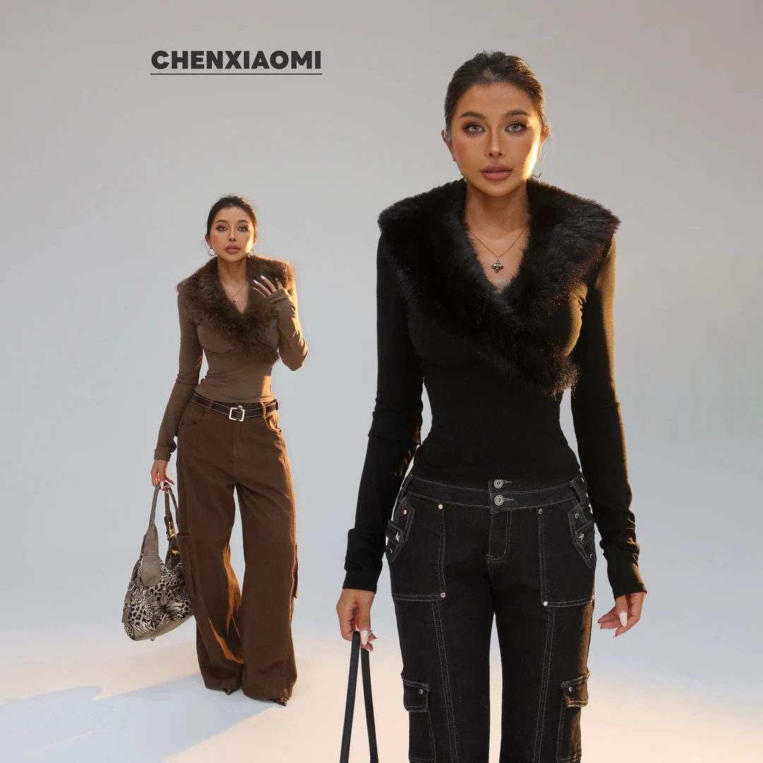 【蜜蜜家】雾凇见鹿 欧美辣妹性感纯欲修身气质带磨毛上衣 25/Z492