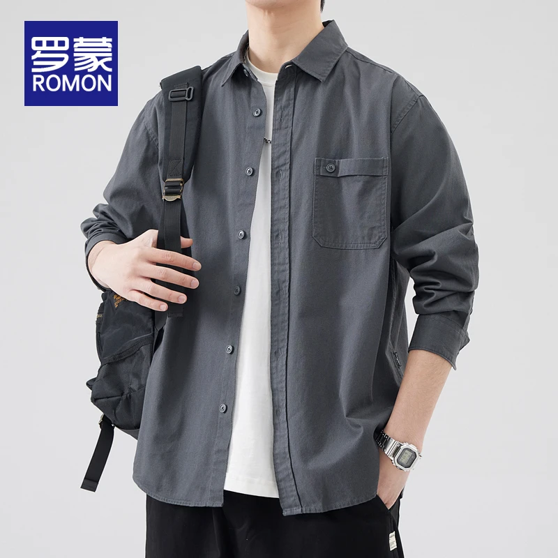 罗蒙春秋季长袖衬衫男款秋季新款男士宽松潮流外套休闲百搭上衣男