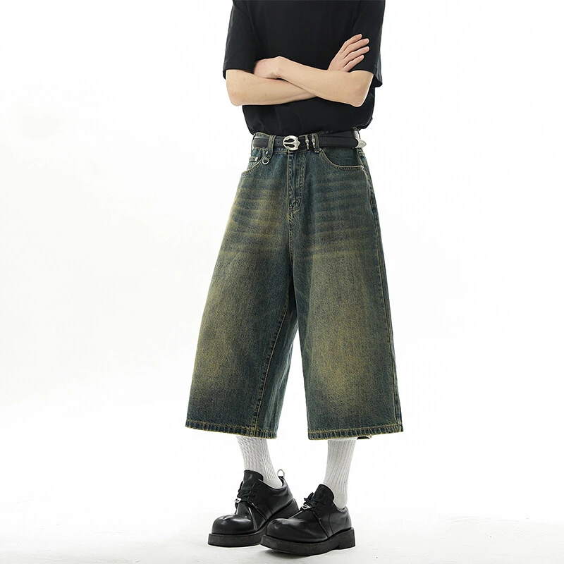 美式高街水洗阔腿七分裤男款夏cleanfit短裤宽松显瘦直筒过膝中裤