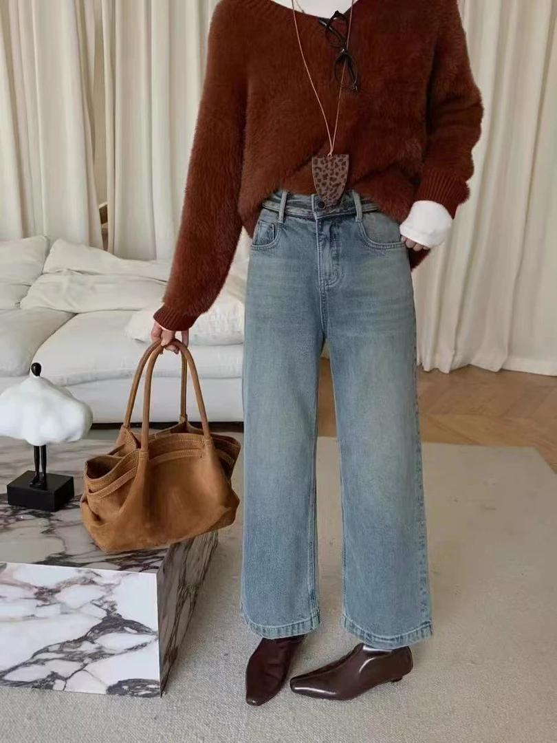 2923#ace#无弹 韩版高腰直筒九分奶奶裤 显瘦牛仔裤女