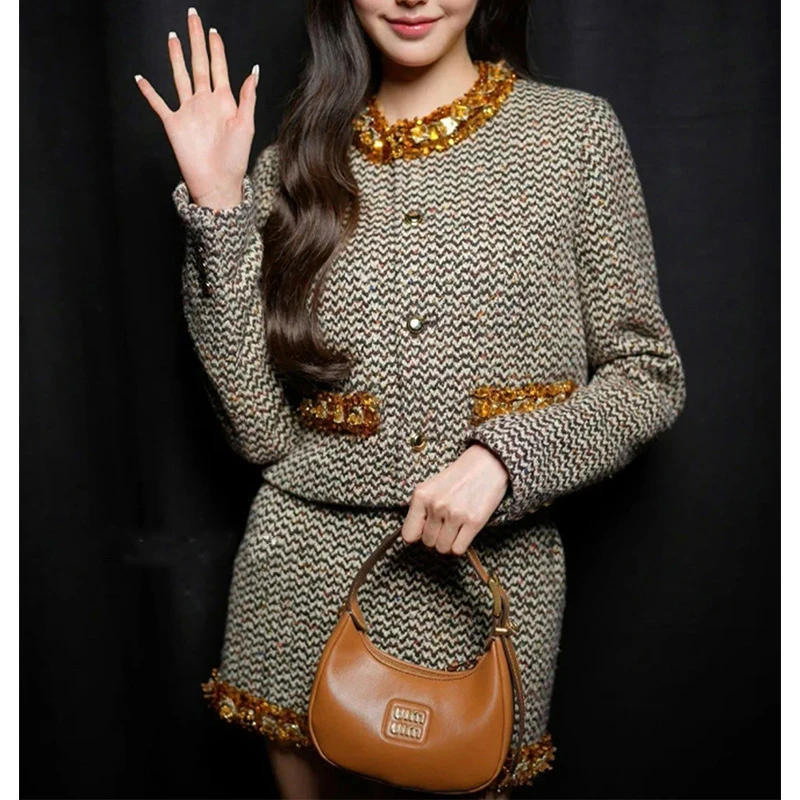 张元英同款小香风镶钻粗花呢半裙外套装女洋气两件套女