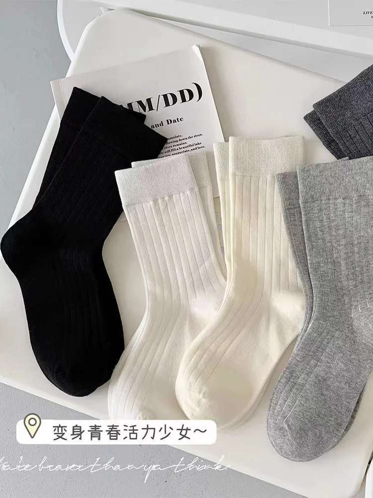 miu系~白色袜子女中筒袜夏季薄款简约韩版ins条纹长筒堆堆袜春夏