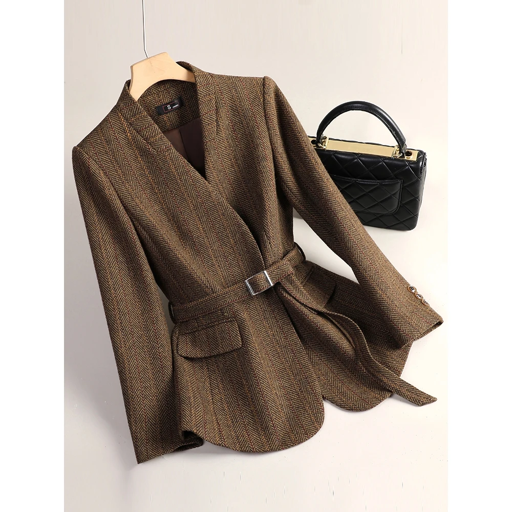咖色羊毛西装外套女小个子2025新款气质名媛收腰显瘦呢子西服上衣