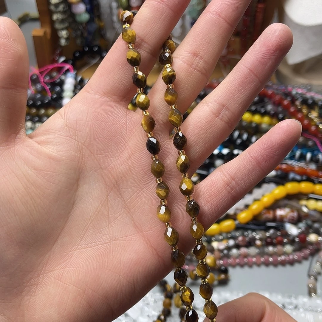 玛瑙/玉髓未镶嵌珠宝半成品6×8黄虎切面米珠一条