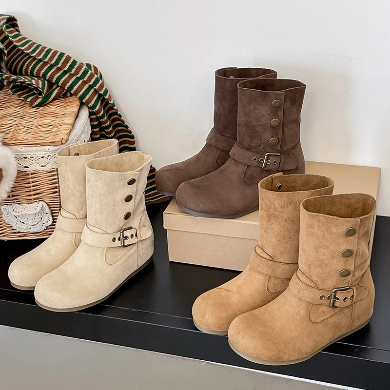 6cm~复古磨砂皮两穿短靴西部牛仔时装靴女2025秋简约舒适马丁靴