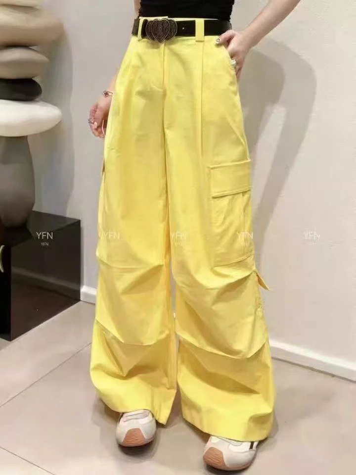 高腰宽松工装裤直筒阔腿多口袋设计休闲百搭长裤