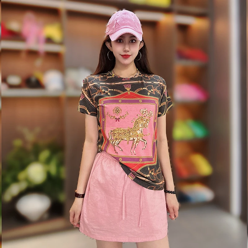 夏季新款时尚圆领短袖印花T恤女士修身显瘦洋气上衣打底衫薄内搭