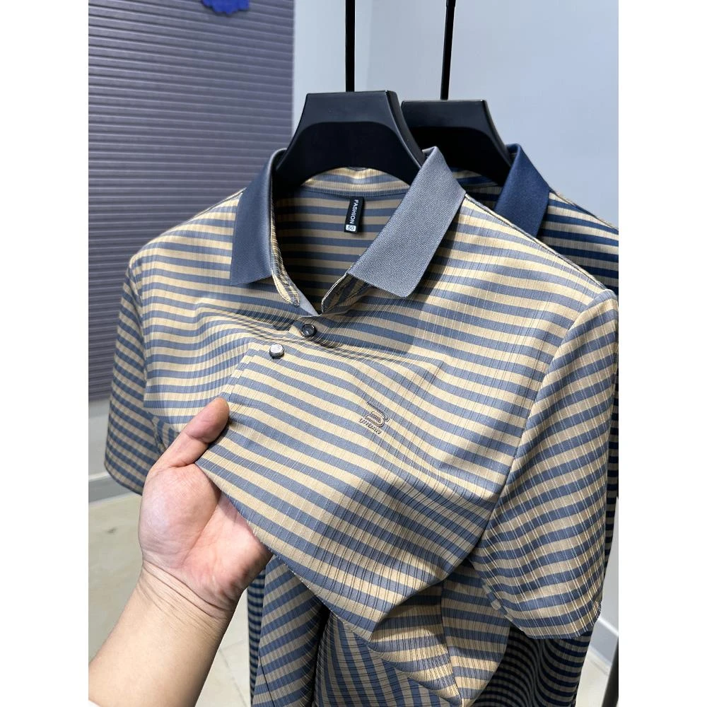 高档冰丝条纹短袖男夏季男士商务休闲翻领t恤半袖品牌保罗POLO衫