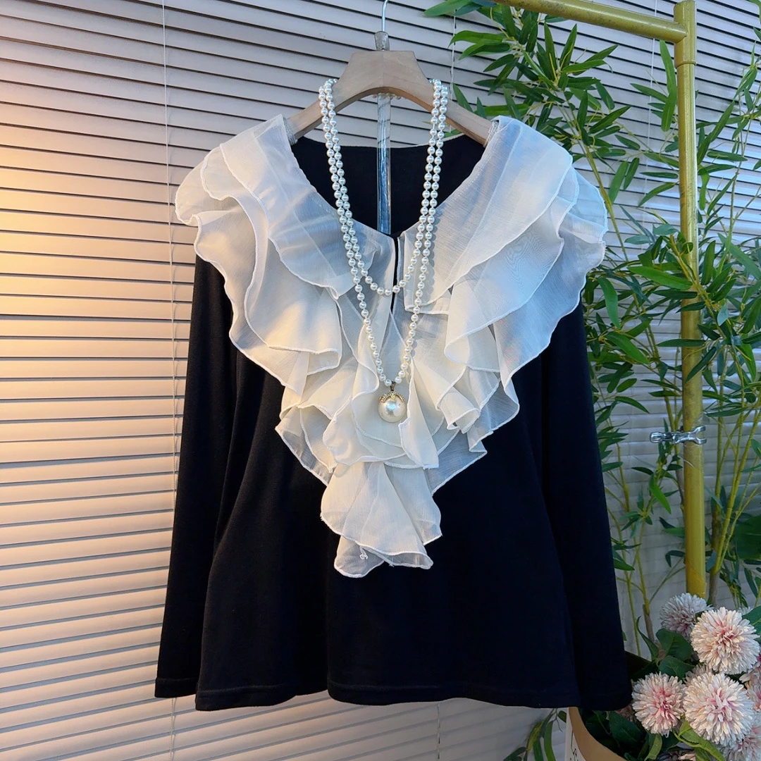 胖mm欧货时尚洋气减龄设计感荷叶边气质显瘦名媛风经典百搭衫1298