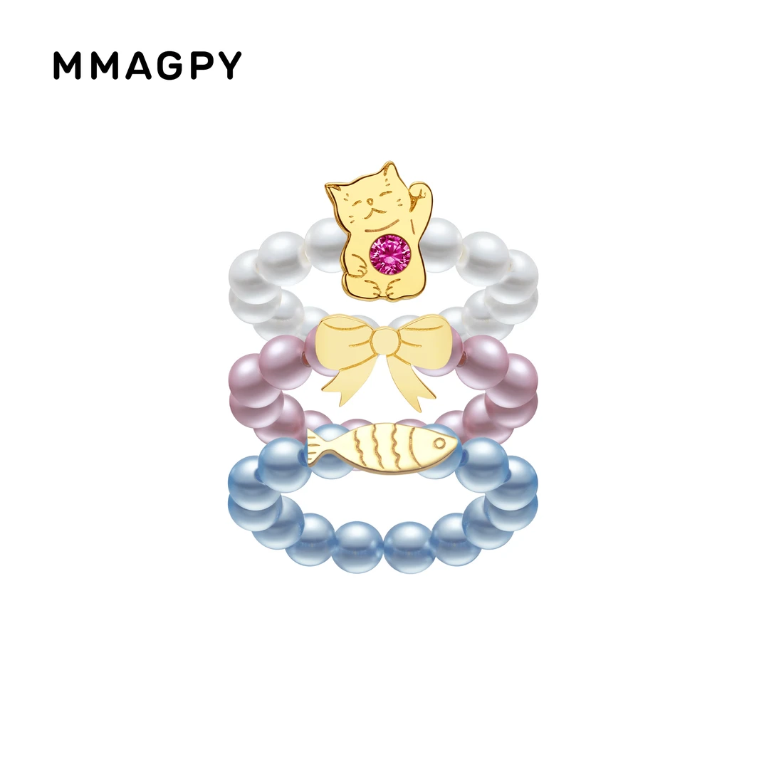 MMAGPY 合金合成锆石戒指 守护招财猫小鱼蝴蝶结可爱戒指可调节