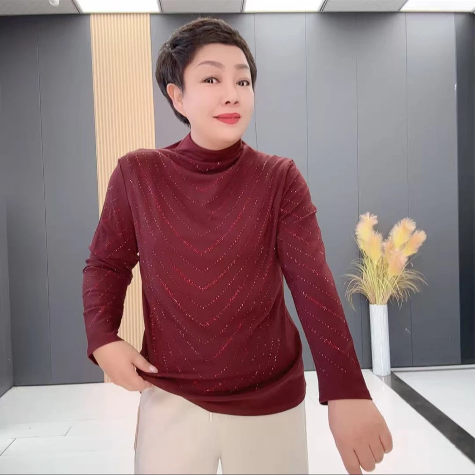 半高领烫钻长袖植物花卉吸汗秋冬修身保暖红色网红洋气时尚-3152