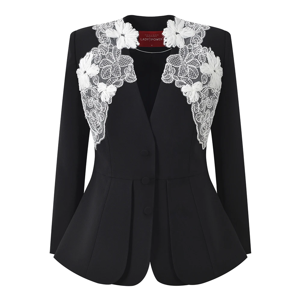 LADYPOWER黑底拼贴自色蕾丝花边假两件上衣 75770A