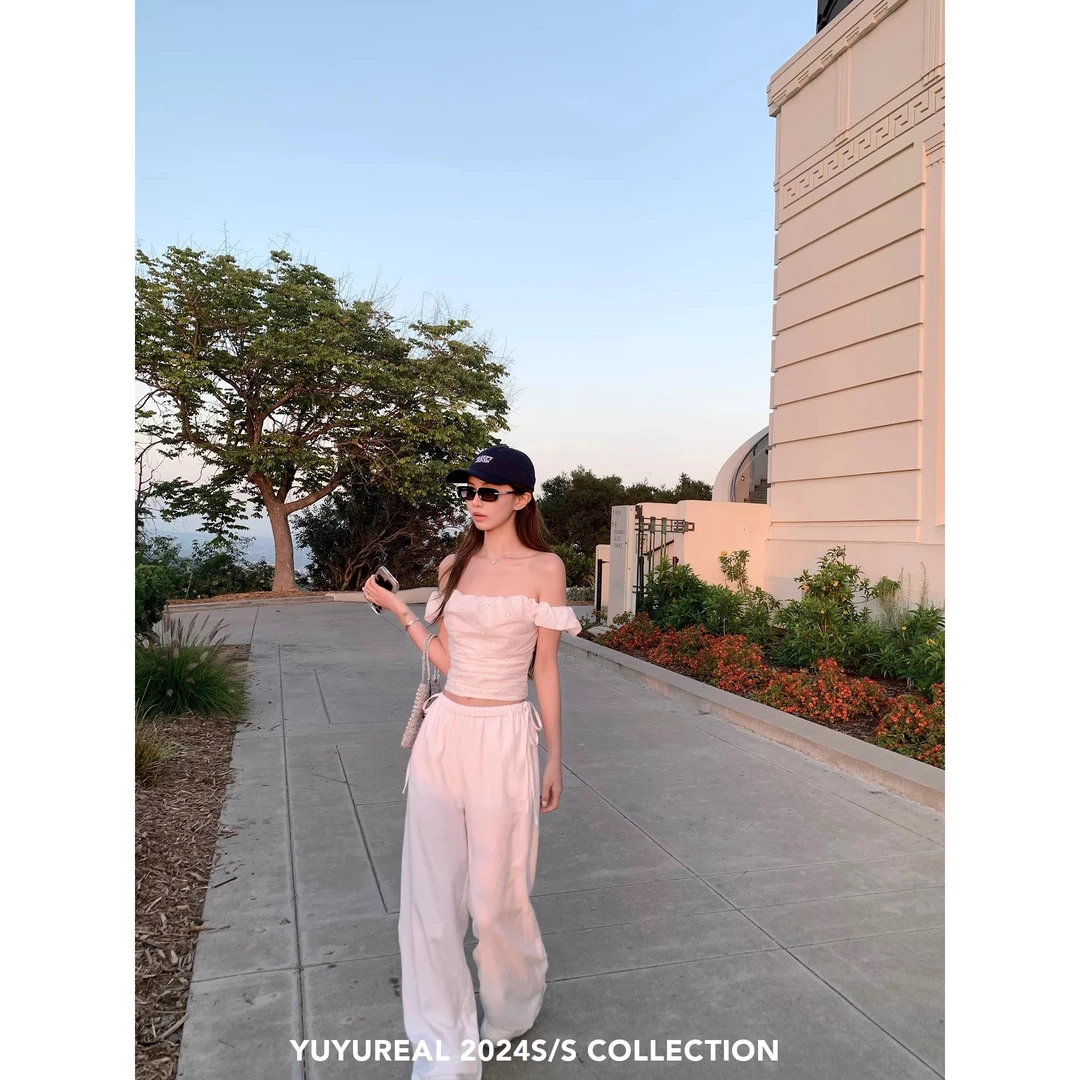 YUYUREAL漫度周末 设计感花边一字肩上衣女夏季修身显瘦短款T恤