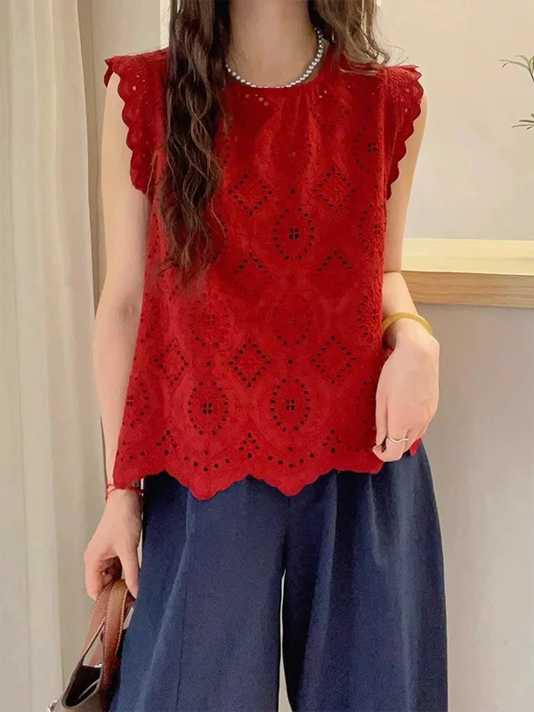 红色蕾丝镂空无袖衬衫背心女夏季新款气质减龄百搭漂亮上衣