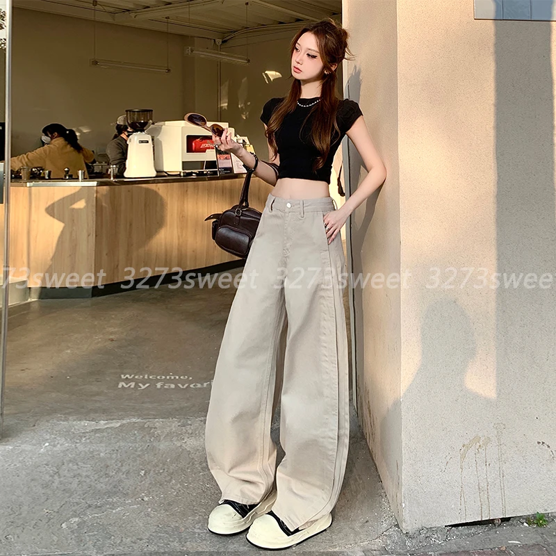 美式弯刀牛仔裤女秋季2025新款小个子设计感高腰显瘦宽松阔腿裤子