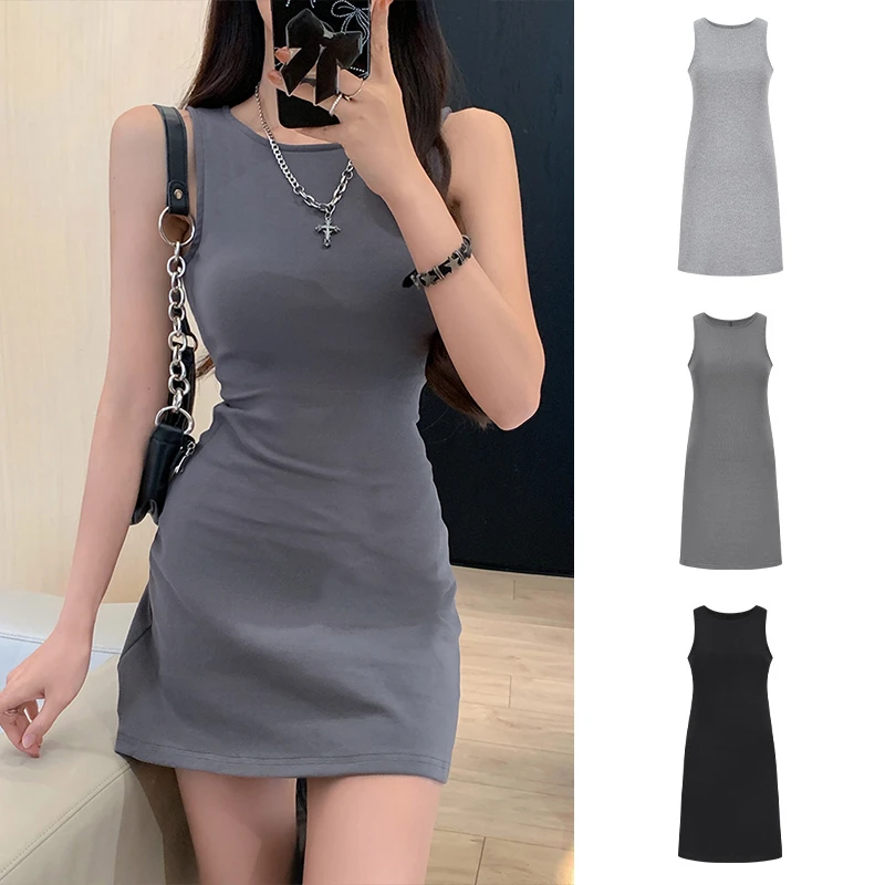 Moses Queen/魔西女王灰色辣妹收腰短款背心裙遮副乳高腰连衣短裙