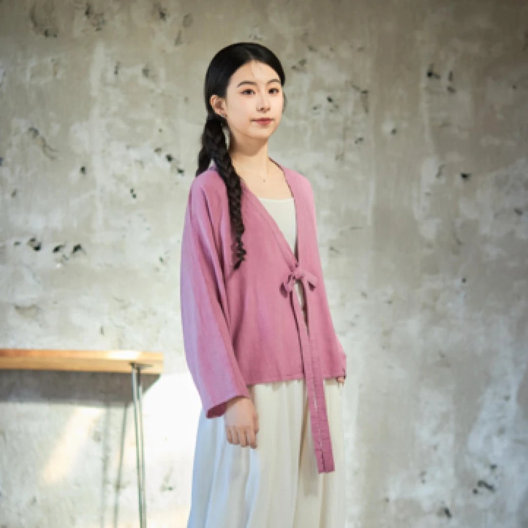 2025春系带对襟复古纯色上衣开衫短外套w12653