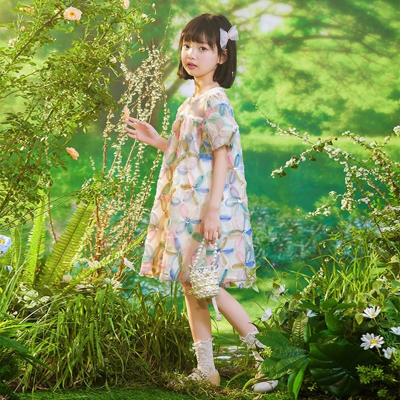 x23006女童夏季连衣裙儿童网纱花色中大童泡泡袖裙子女孩洋气纱裙