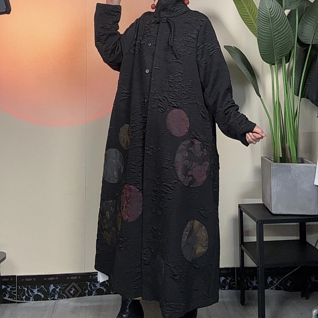 （75027）2025秋冬新高领复古国风拼色加长风衣外套大衣