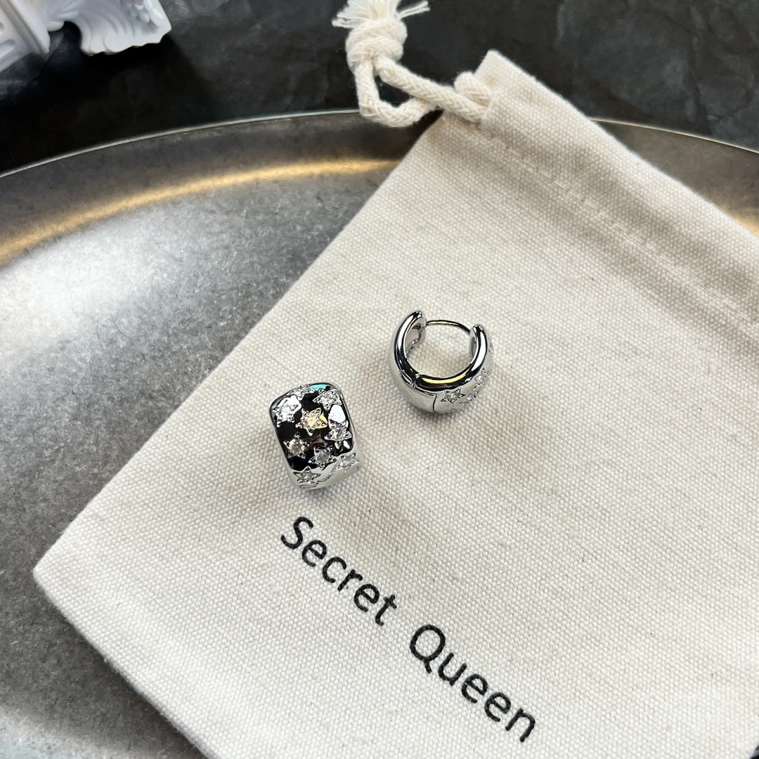 铜合金耳饰 小众设计星星满锆宽边耳扣一对AH049