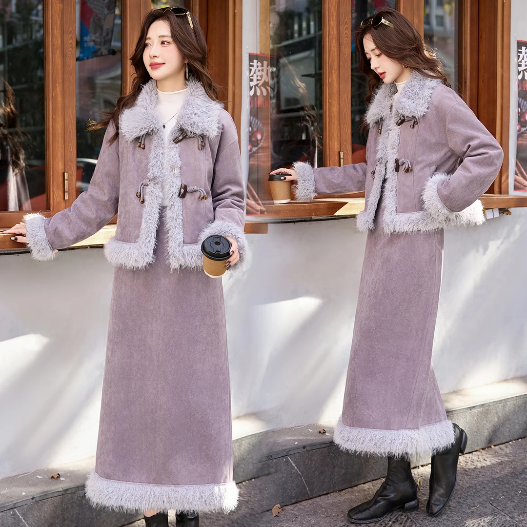 紫色小香风拼接羽绒套装女2025冬季新款高级感加厚半身裙两件套