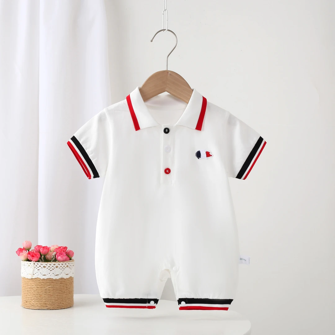 婴幼儿夏季新款机制领彩扣夏连体简约时尚外出短袖爬服