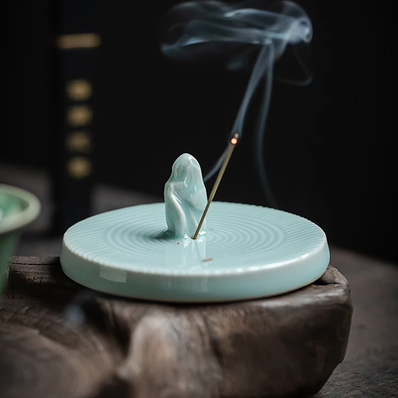粉青太湖石香插小号陶瓷线香炉香薰炉创意中式家用室内香炉摆件