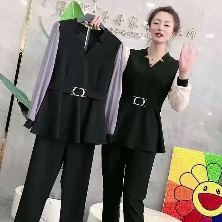 3762收腰拼色两件套