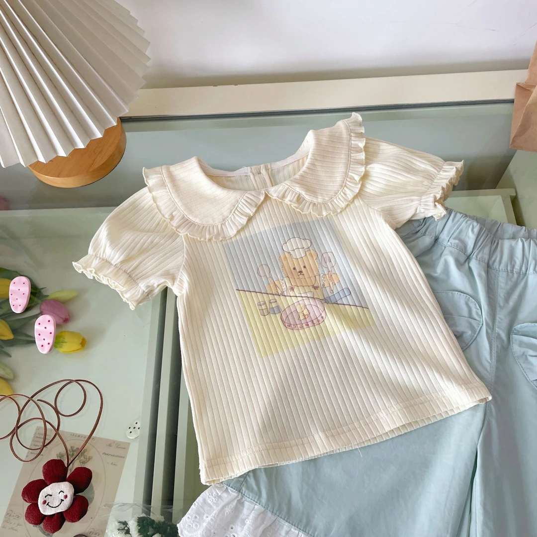 橘止皮 女童娃娃领T恤夏季宝宝ins奶油短袖儿童打底衫XY251394