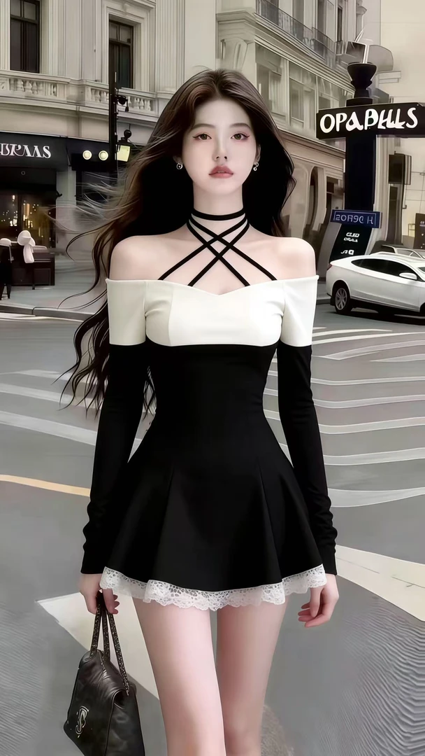 秋冬季绝美氛围感韩版纯欲风撞色低领绑带挂脖露肩长袖高腰连衣裙