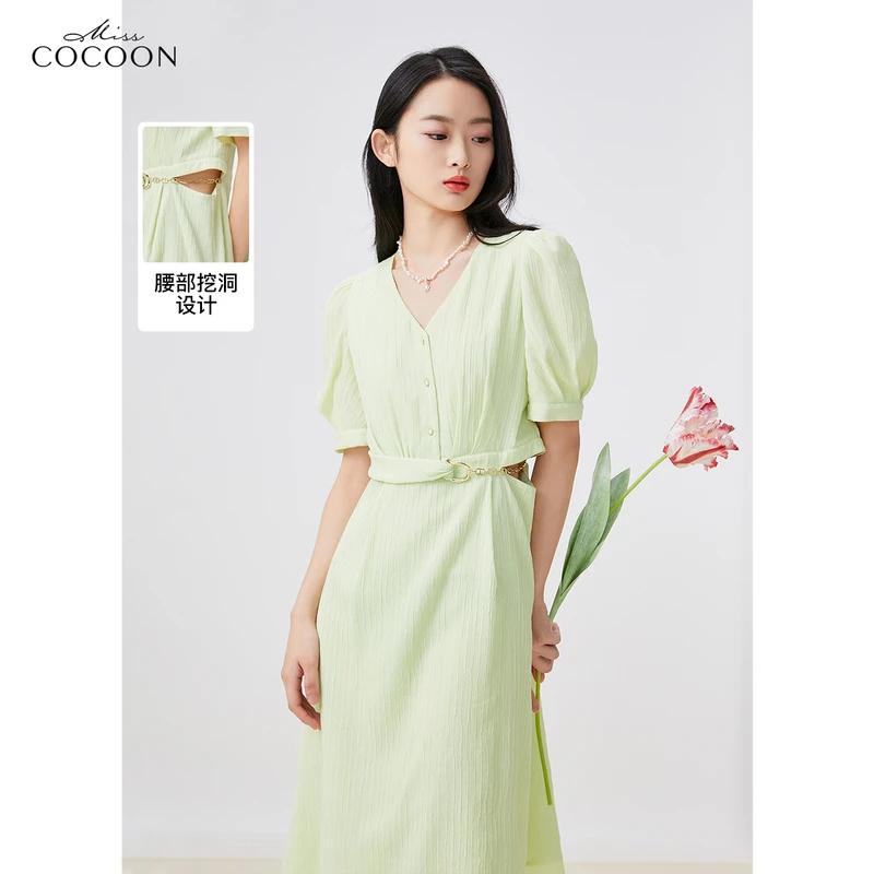 missCOCOON甜美裙子绿色X版型挖空连衣裙0056
