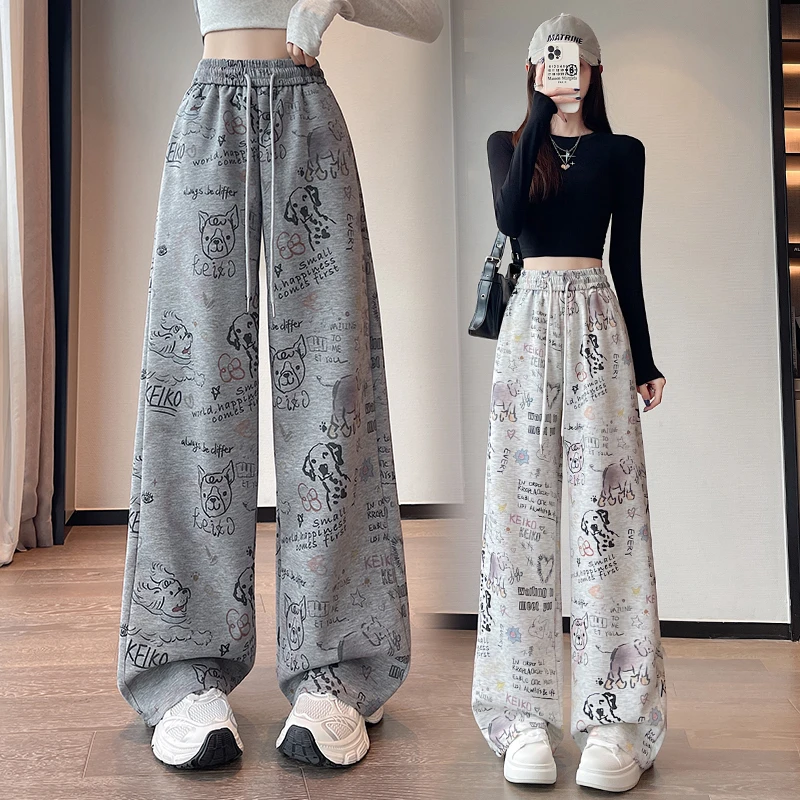 秋季慵懒风卡通涂鸦印花阔腿长裤女松紧腰休闲显瘦运动卫裤长裤