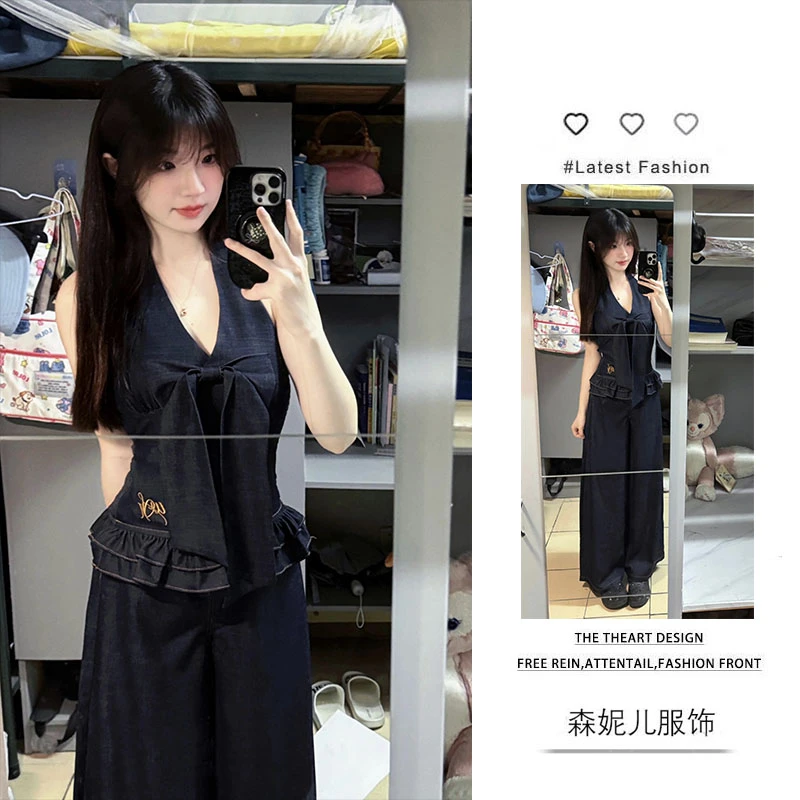 时尚穿搭女2025夏季新款荷叶边无袖挂脖背心显瘦阔腿牛仔裤两件套