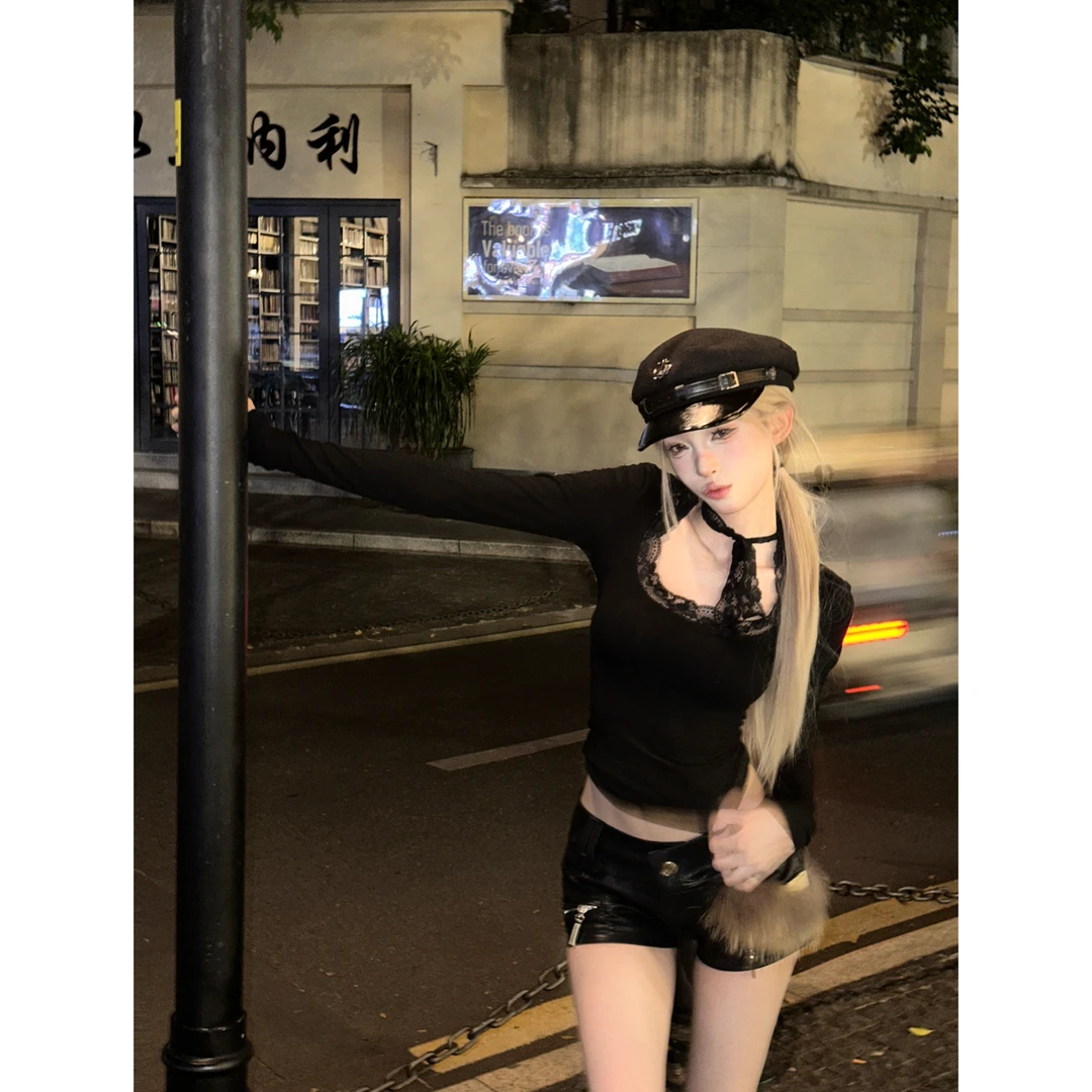 绘梨衣【梨泰院千金】秋冬辣妹风纯欲蕾丝针织上衣毛毛短裤套装