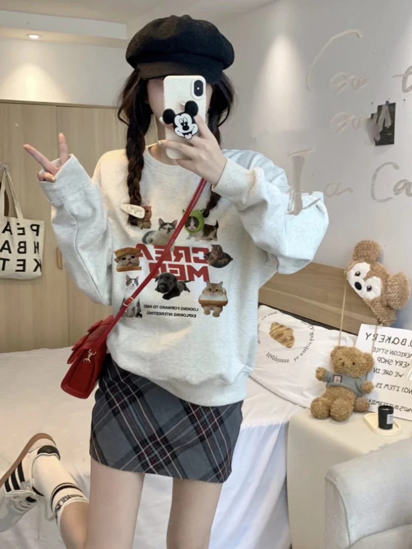 潮牌百搭趣味宠物猫咪印花卫衣男女美式街头宽松休闲上衣春秋季