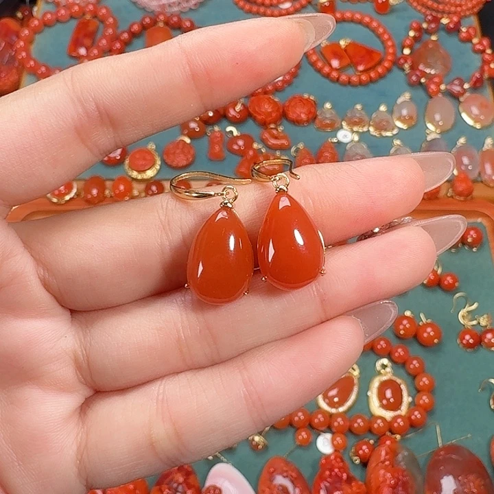 南红玛瑙银S925镶嵌耳饰