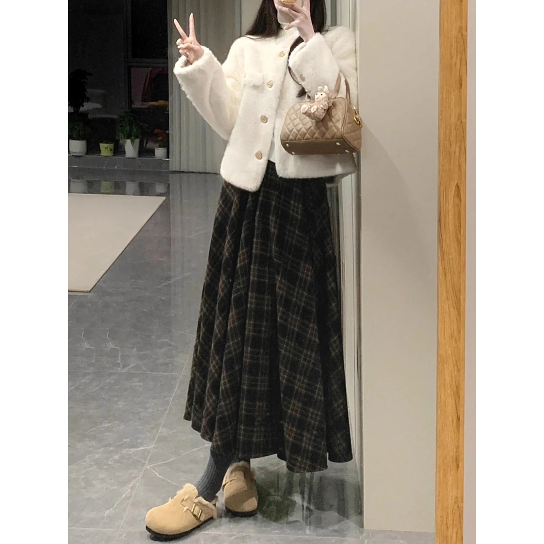 美拉德复古格子半身裙女秋冬新款胖妹妹mm高腰遮胯显瘦a字长裙子