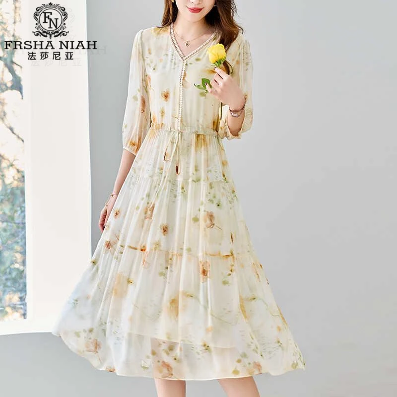 法莎尼亚桑蚕丝碎花裙2025夏季新款妈妈小清新时尚仙女风大牌真丝