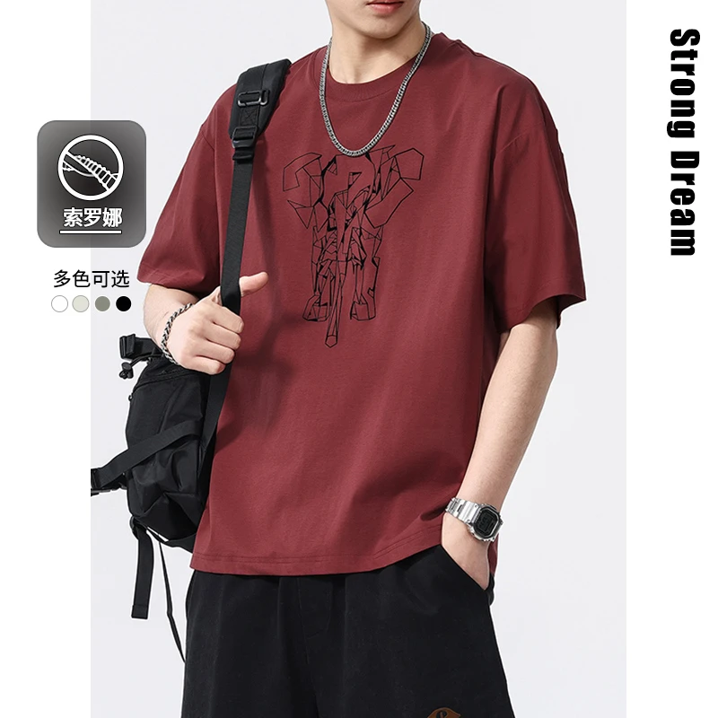 大象印花T恤男春夏新款宽松百搭上衣半袖潮牌酒红色圆领中袖短袖