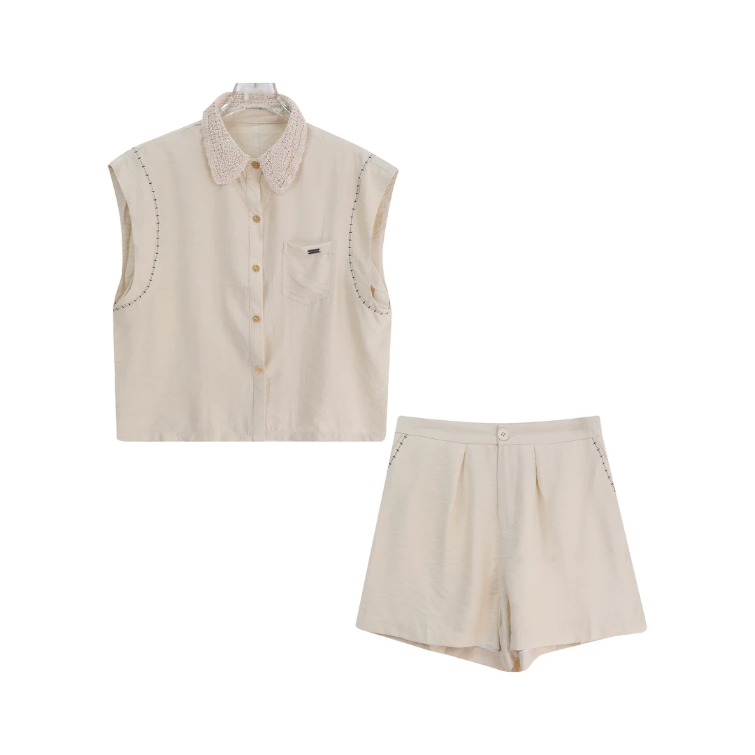 S 时尚设计感减龄无袖衬衫 百搭显瘦短裤套装A14703