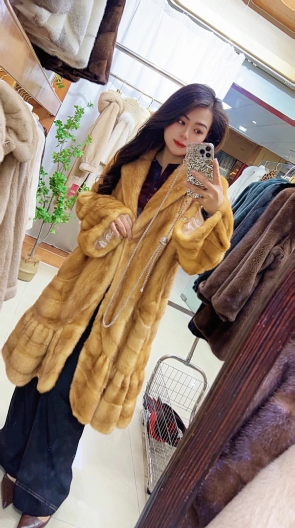 复古金色青果领全抽水貂大衣外套女荷叶边裙摆设计整貂外套女款
