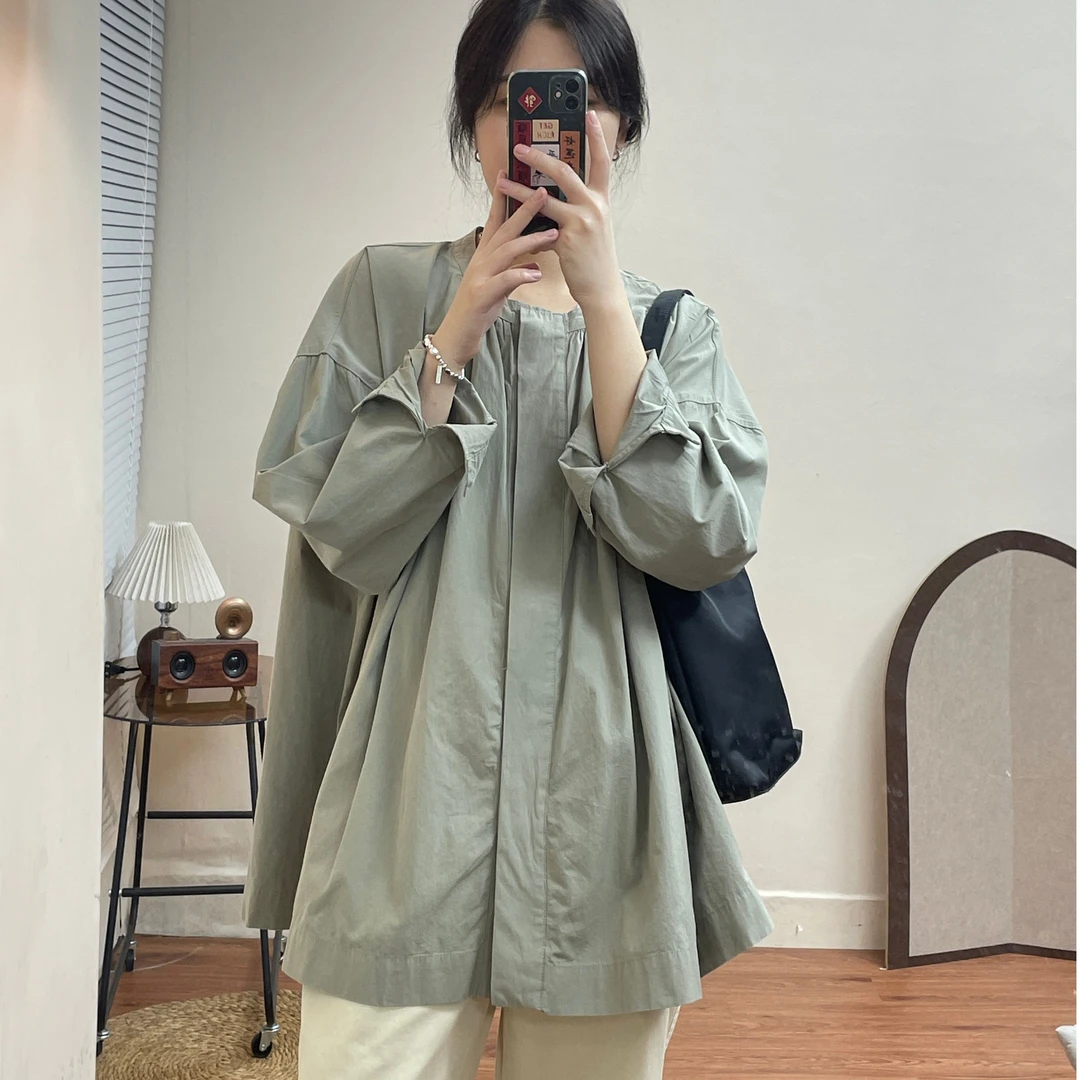 春季简约大气百搭圆领塌肩长袖衬衫女中长款宽松单排扣开衫女上衣