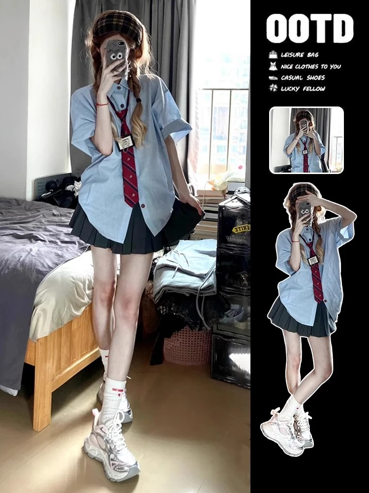 韩系学院风jk制服短裙套装女夏季小个子穿搭短袖衬衫百褶裙两件套