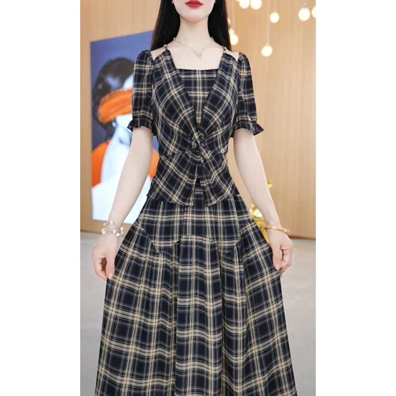【上下套装】夏季方领设计感新款时尚条纹短袖两件套套装裙M-4XL